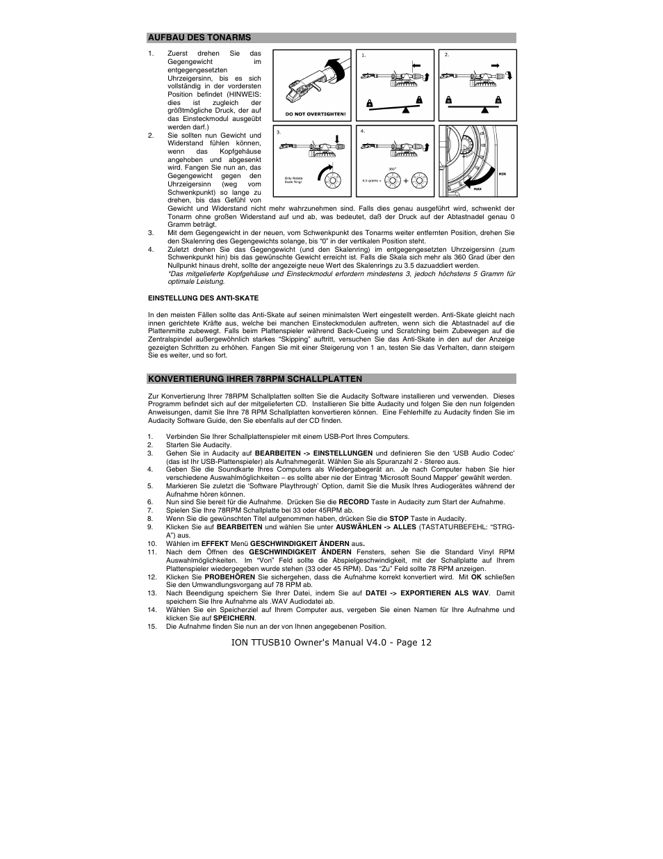 Aufbau des tonarms, Konvertierung ihrer 78rpm schallplatten | ION TTUSB10 User Manual | Page 12 / 20