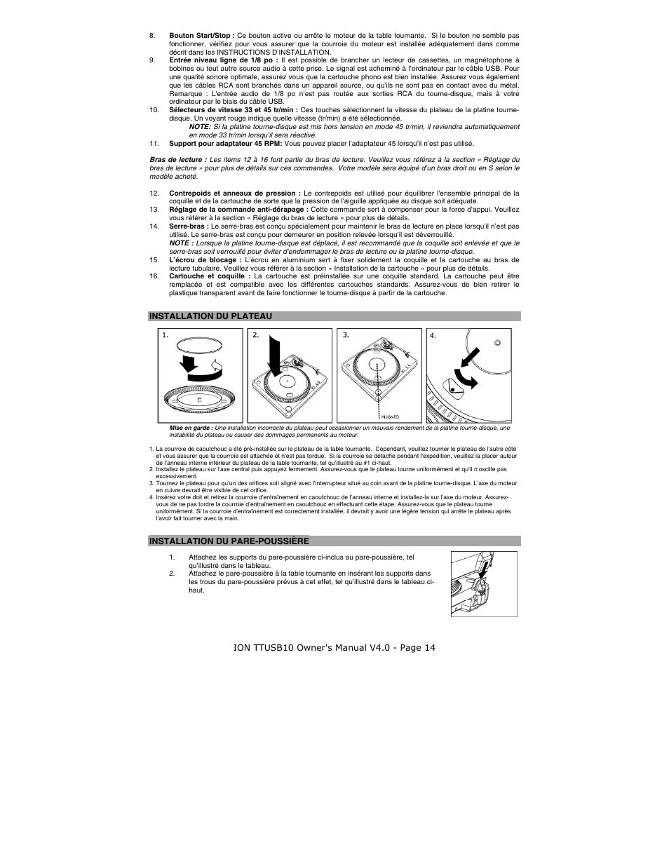 Installation du plateau, Installation du pare-poussière | ION TTUSB10 User Manual | Page 14 / 20