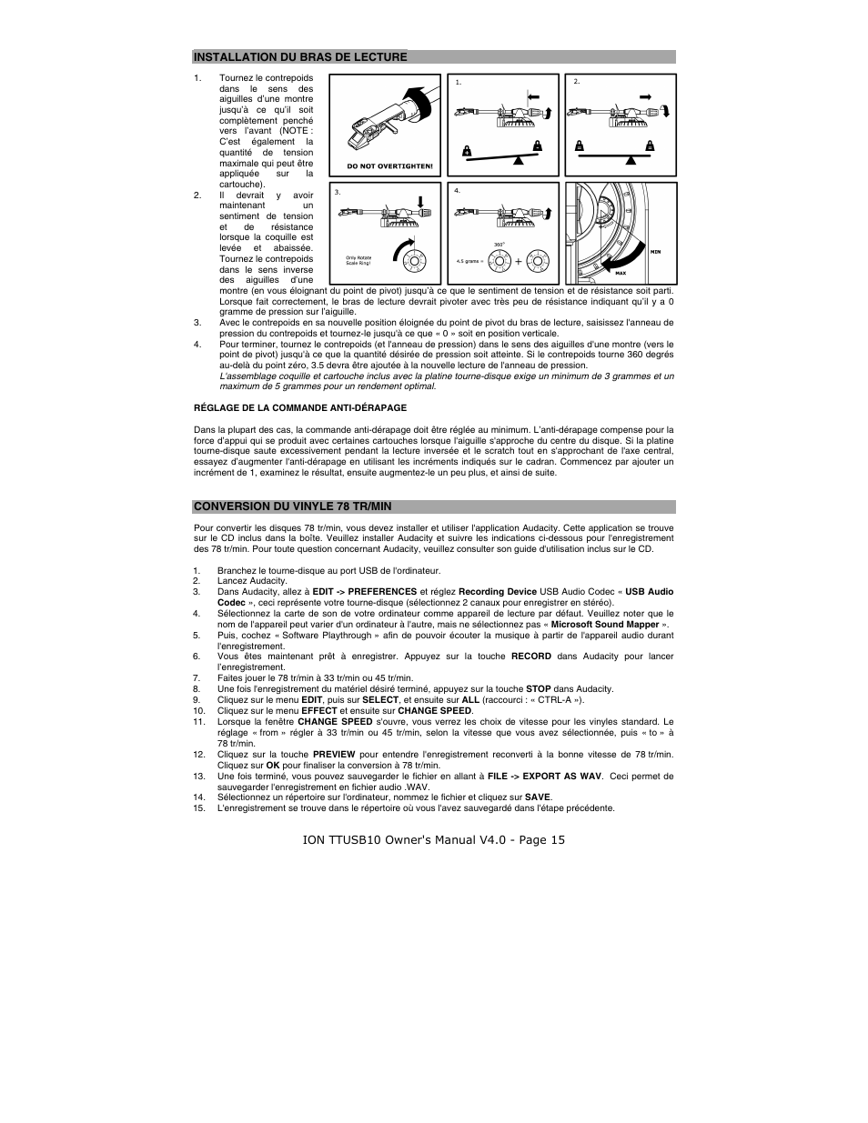 Installation du bras de lecture, Conversion du vinyle 78 tr/min | ION TTUSB10 User Manual | Page 15 / 20