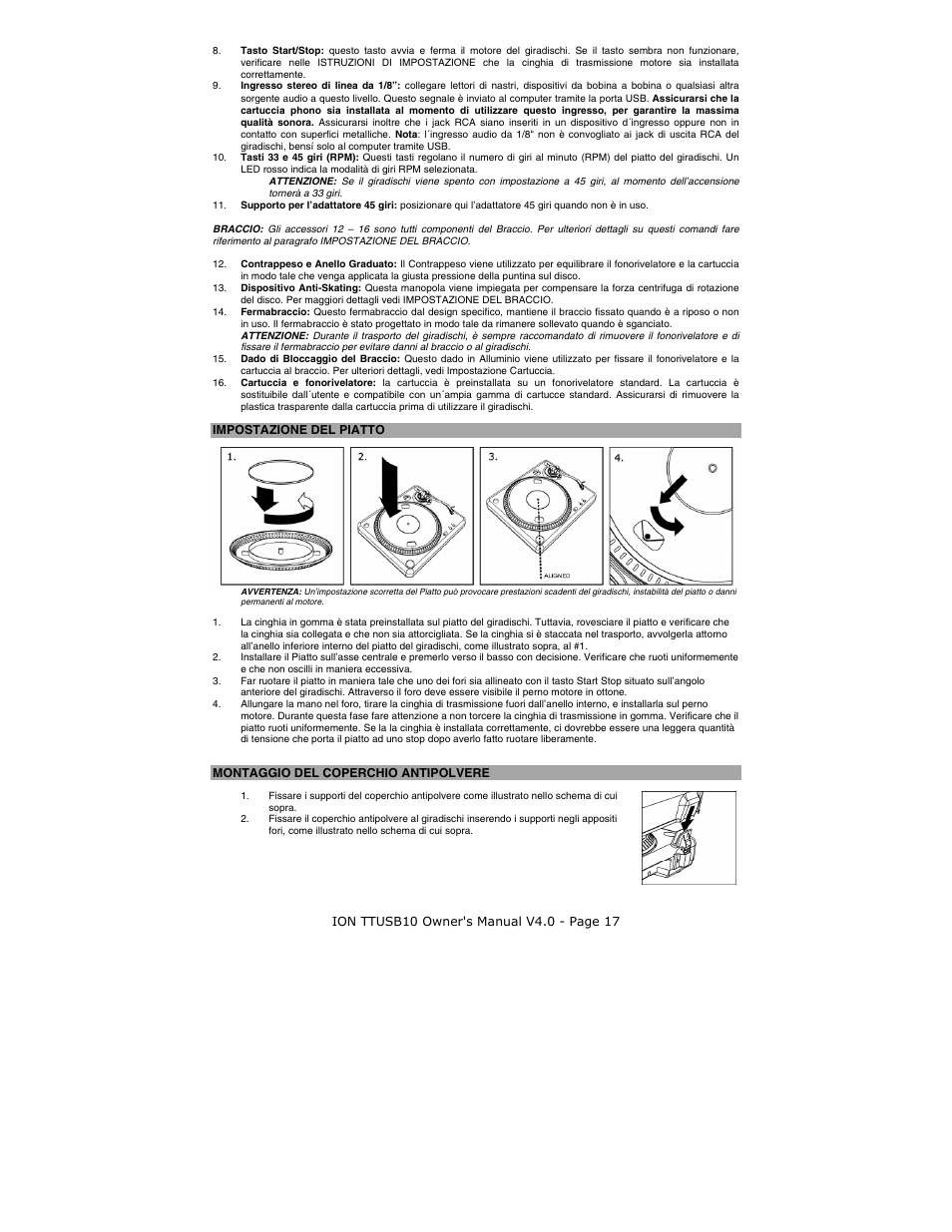 Impostazione del piatto, Montaggio del coperchio antipolvere | ION TTUSB10 User Manual | Page 17 / 20