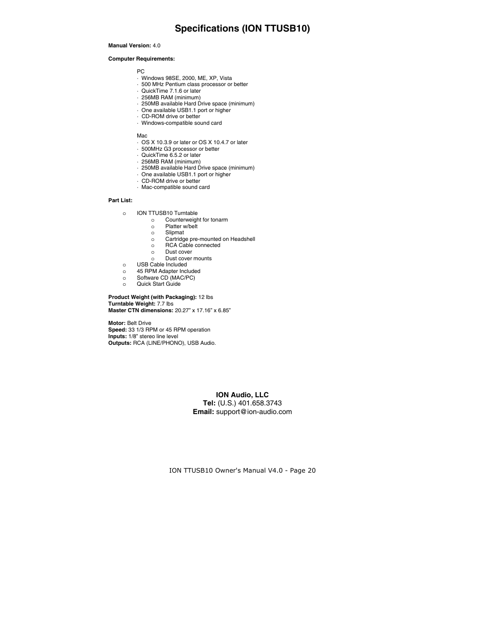 Specifications, Specifications (ion ttusb10) | ION TTUSB10 User Manual | Page 20 / 20