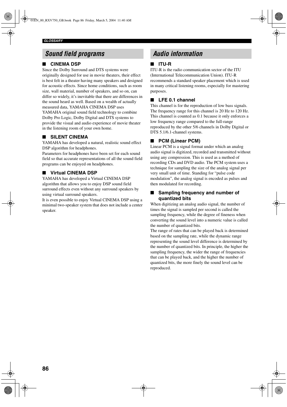 Sound field programs, Audio information, Sound field programs audio information | ION RX-V750 User Manual | Page 88 / 91