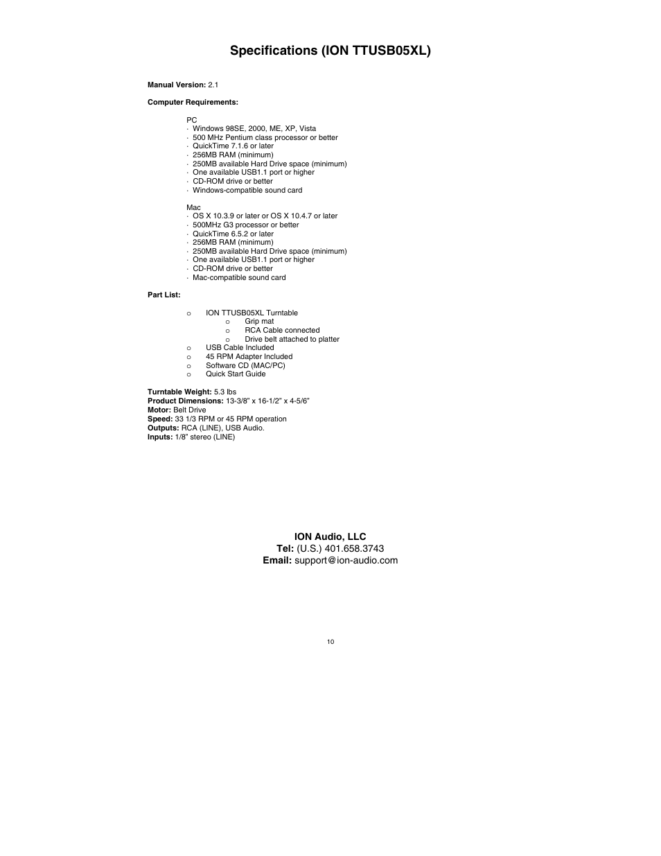 Specifications (ion ttusb05xl) | ION Audio TTUSB05XL User Manual | Page 12 / 12