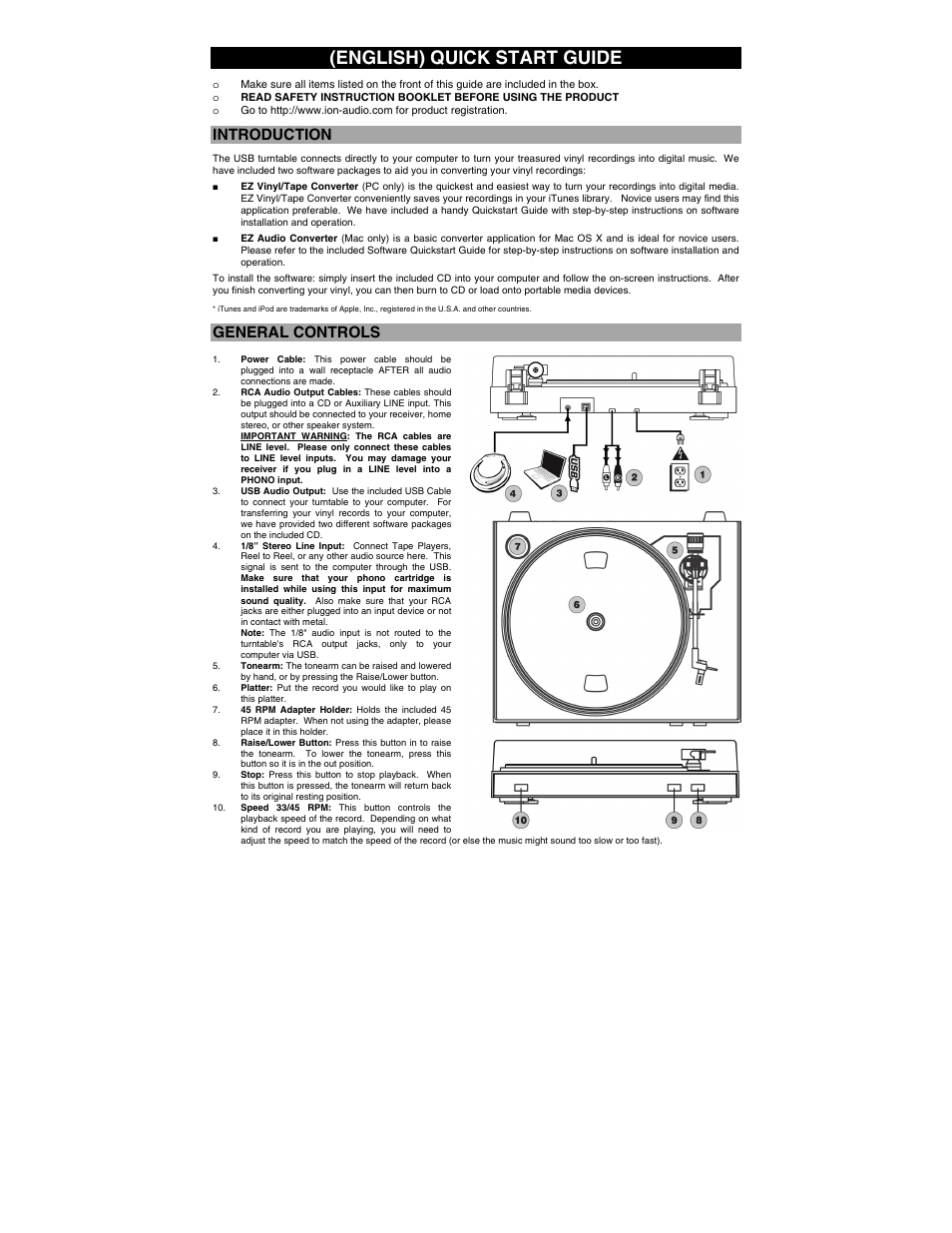 English) quick start guide, Introduction, General controls | ION Audio TTUSB05XL User Manual | Page 2 / 12