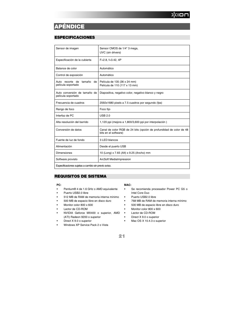 Apéndice, Especificaciones, Requisitos de sistema | ION FILM 2 PC User Manual | Page 21 / 64