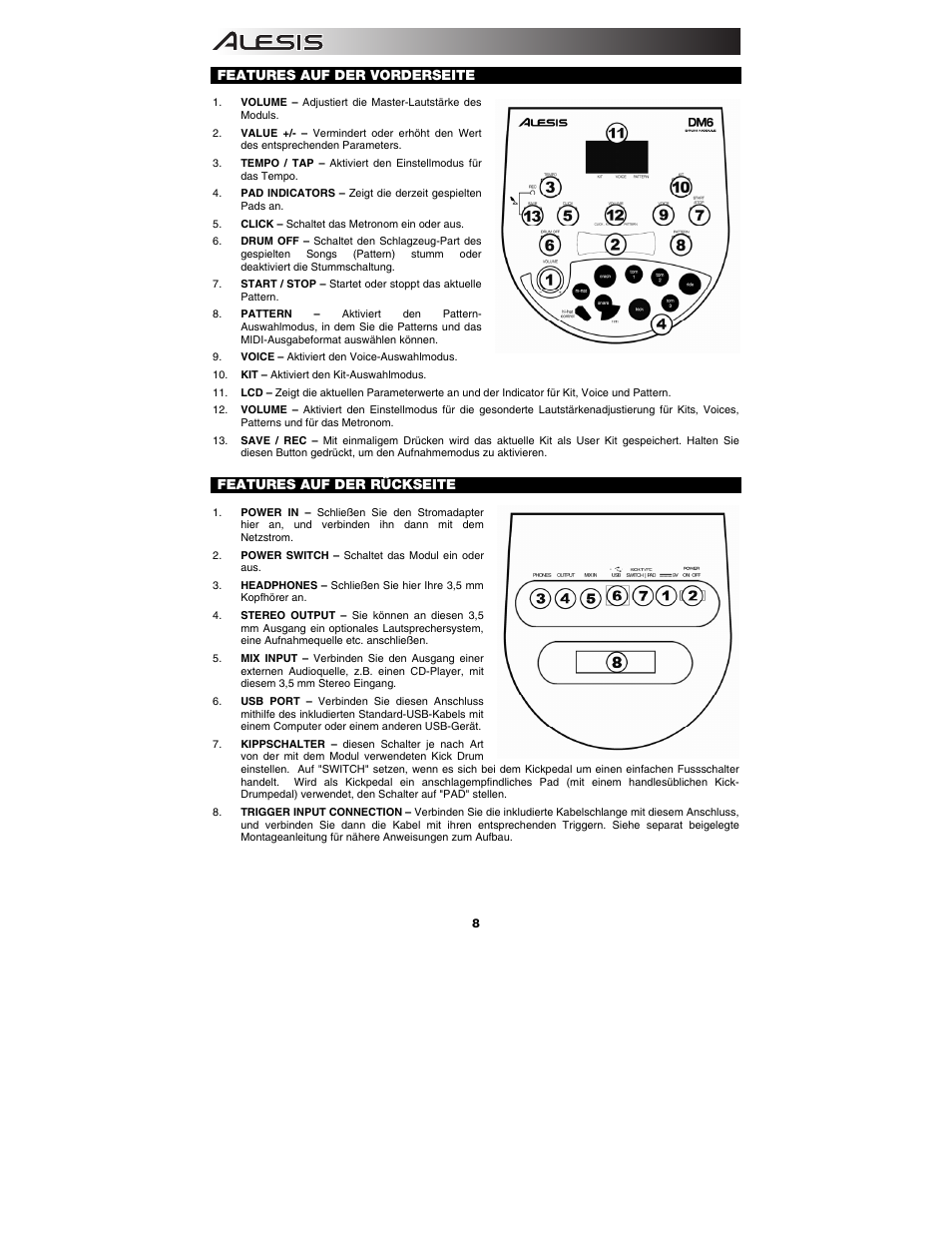 Deutsch, Features auf der vorderseite, Features auf der rückseite | ALESIS DM6 User Manual | Page 10 / 12