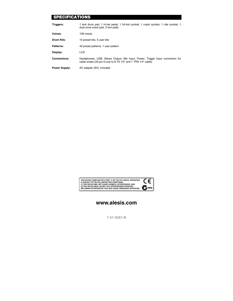 Specifications | ALESIS DM6 User Manual | Page 12 / 12