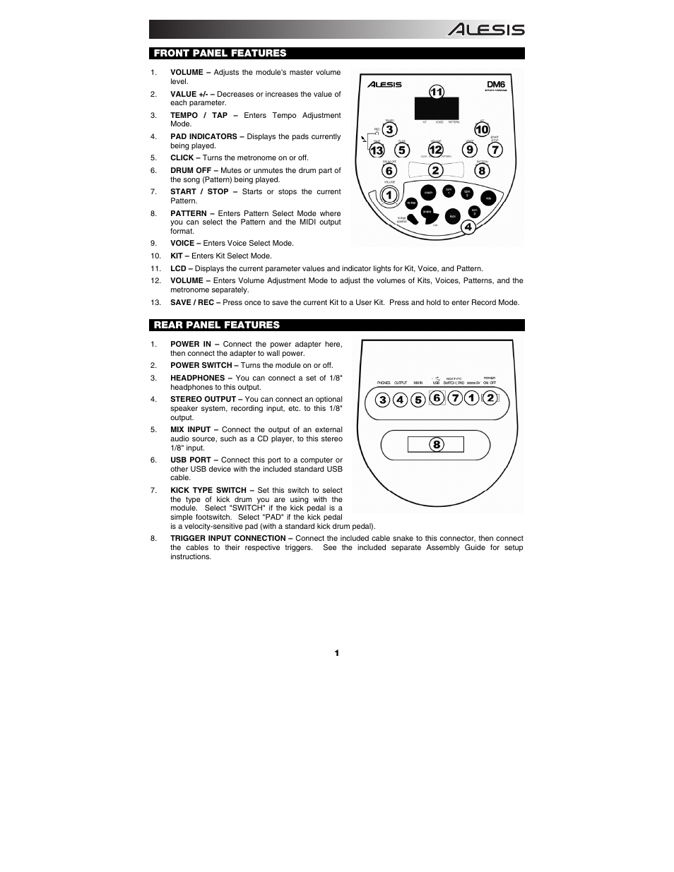 English, Front panel features, Rear panel features | ALESIS DM6 User Manual | Page 3 / 12