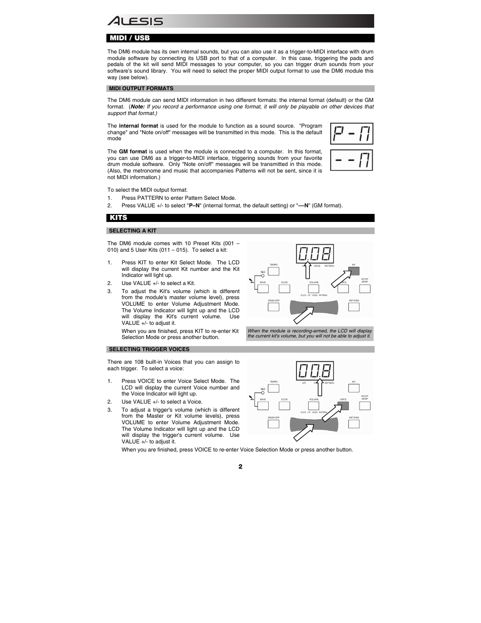 Midi / usb, Midi output formats, Kits | Selecting a kit, Selecting trigger voices | ALESIS DM6 User Manual | Page 4 / 12