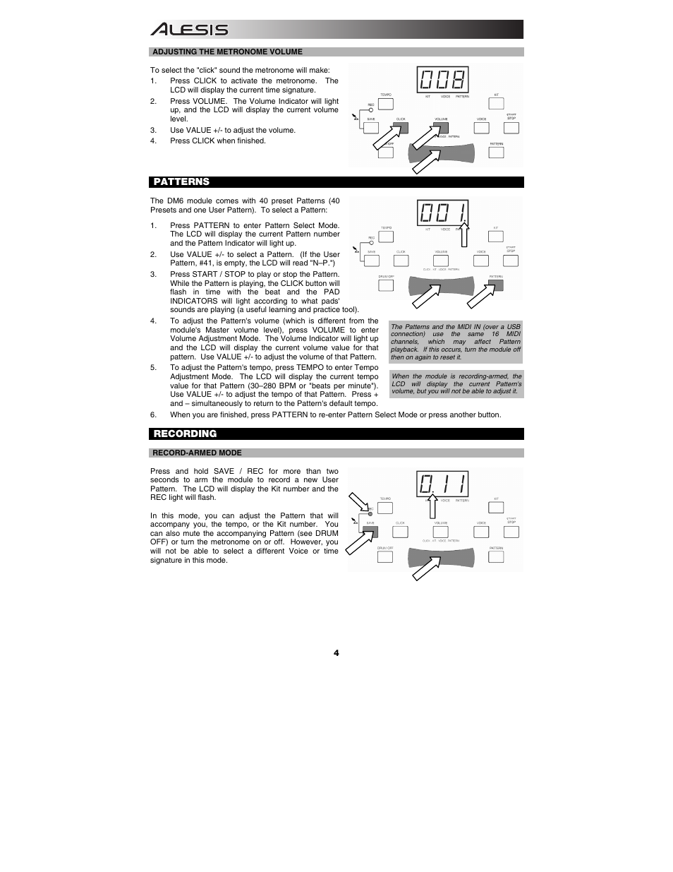 Adjusting the metronome volume, Patterns, Recording | Record-armed mode | ALESIS DM6 User Manual | Page 6 / 12