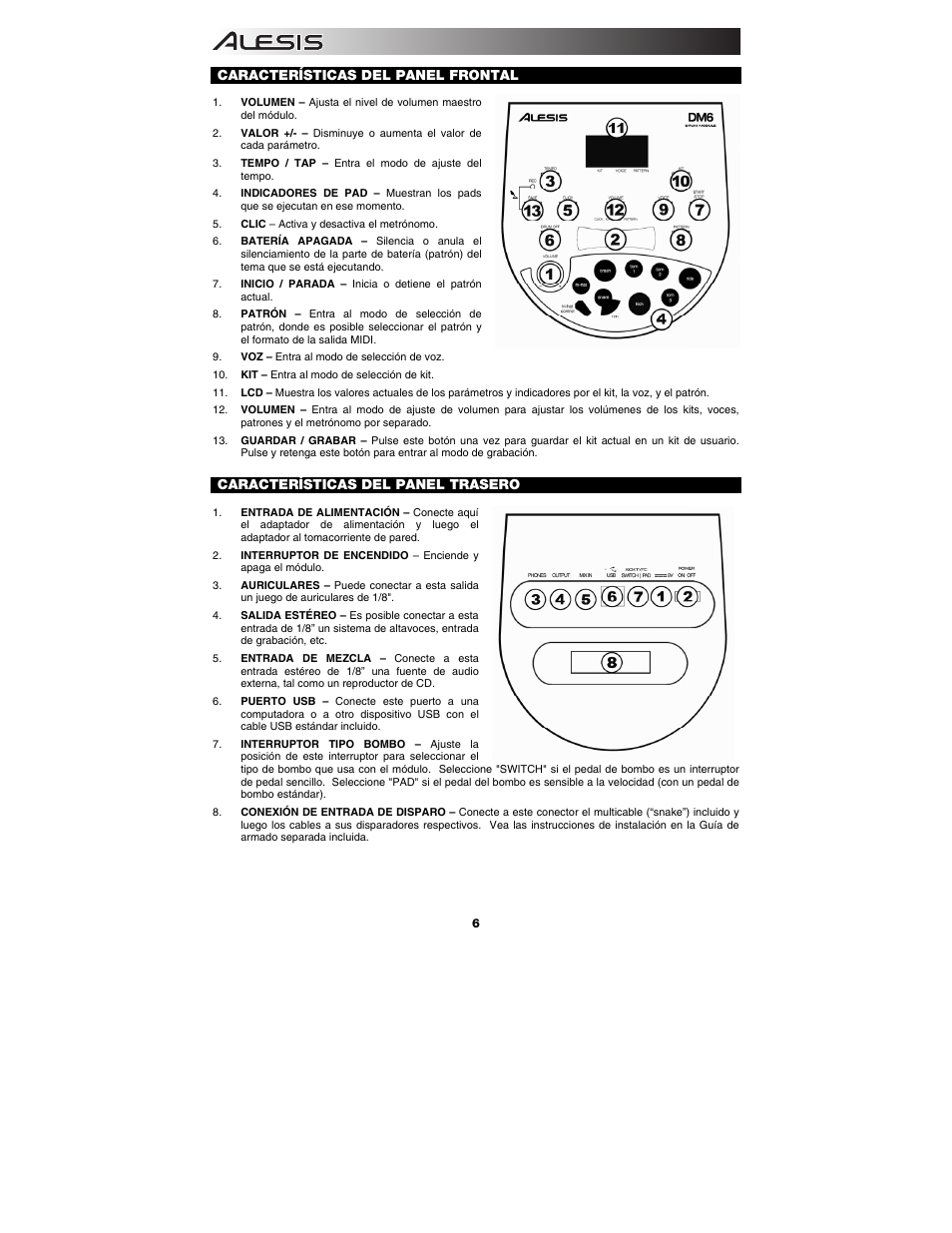 Español, Características del panel frontal, Características del panel trasero | ALESIS DM6 User Manual | Page 8 / 12