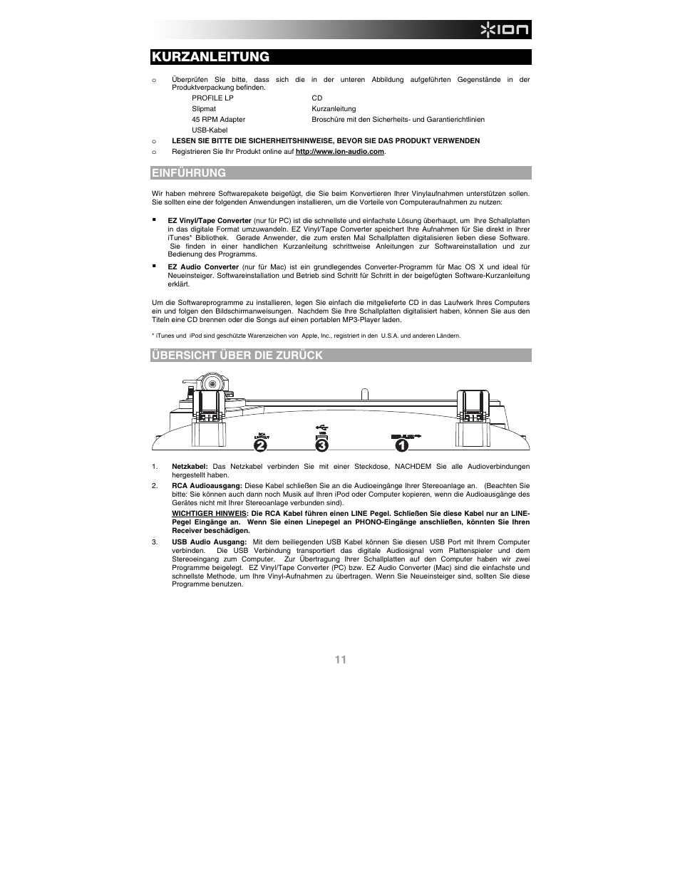 Deutsch, Einführung, Übersicht über die zurück | Kurzanleitung | ION Audio Profile LP User Manual | Page 11 / 20