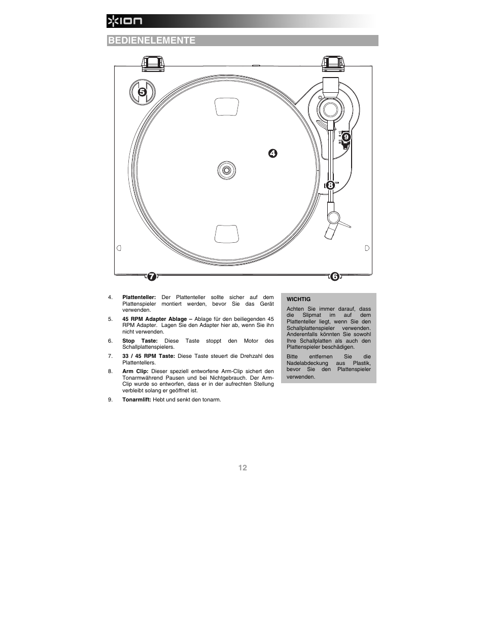 Bedienelemente | ION Audio Profile LP User Manual | Page 12 / 20
