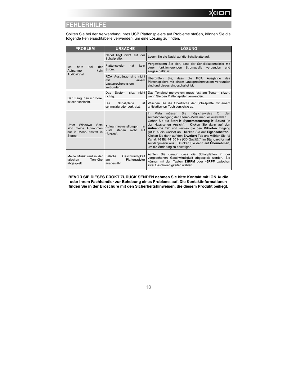 Fehlerhilfe | ION Audio Profile LP User Manual | Page 13 / 20