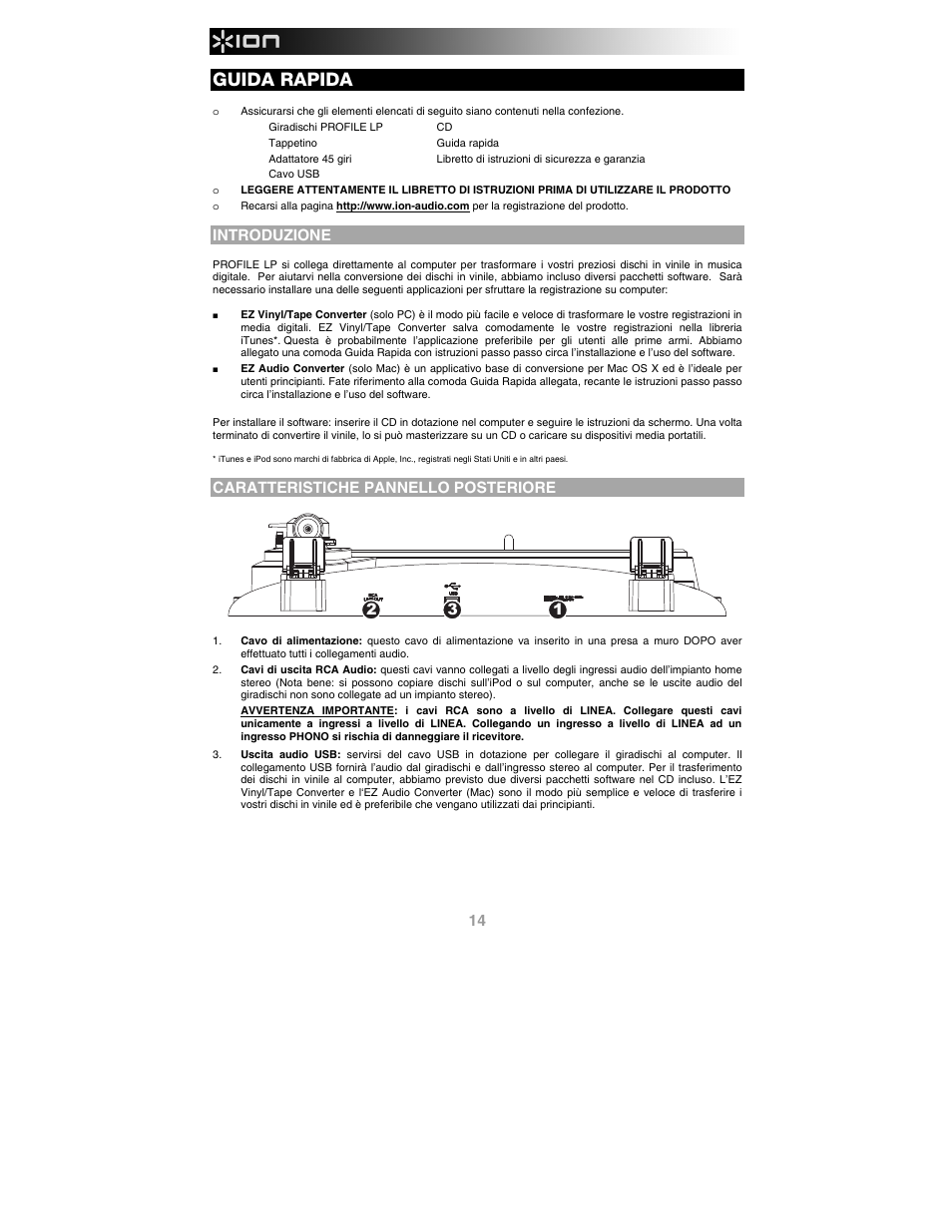 Italiano, Introduzione, Caratteristiche pannello posteriore | Guida rapida | ION Audio Profile LP User Manual | Page 14 / 20