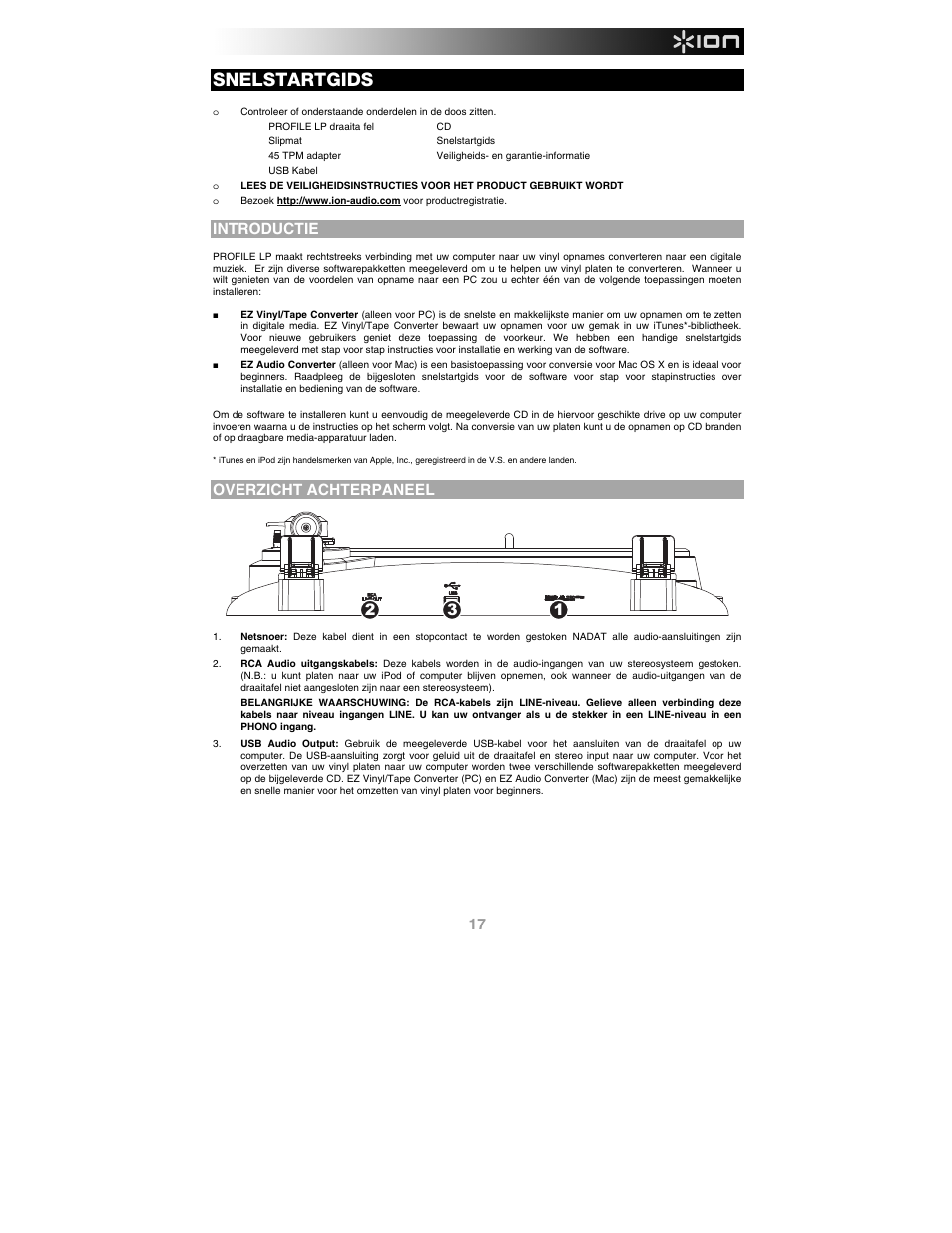 Nederlands, Introductie, Overzicht achterpaneel | Snelstartgids | ION Audio Profile LP User Manual | Page 17 / 20