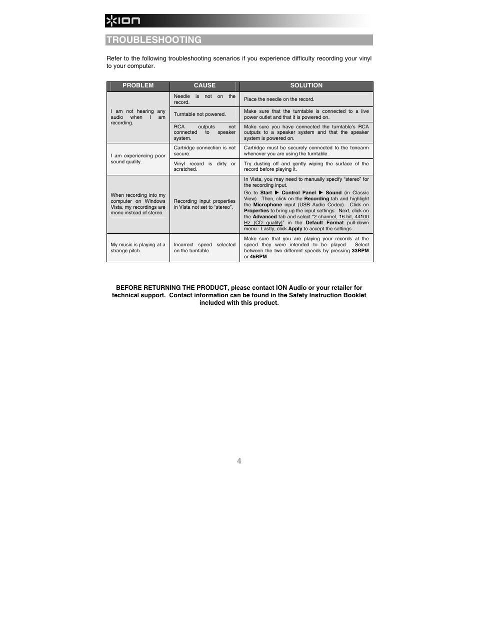 Troubleshooting | ION Audio Profile LP User Manual | Page 4 / 20