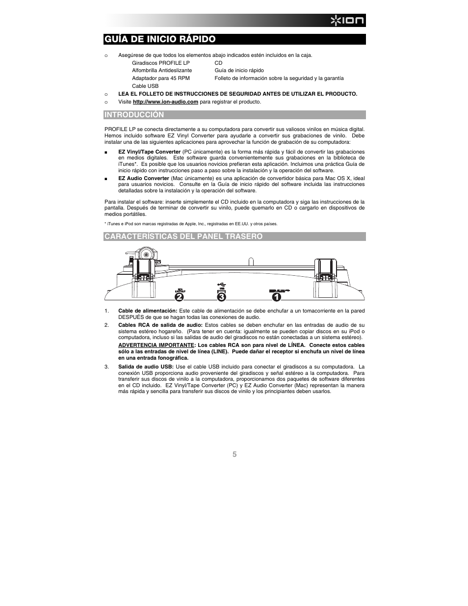 Español, Introducción, Características del panel trasero | Guía de inicio rápido | ION Audio Profile LP User Manual | Page 5 / 20