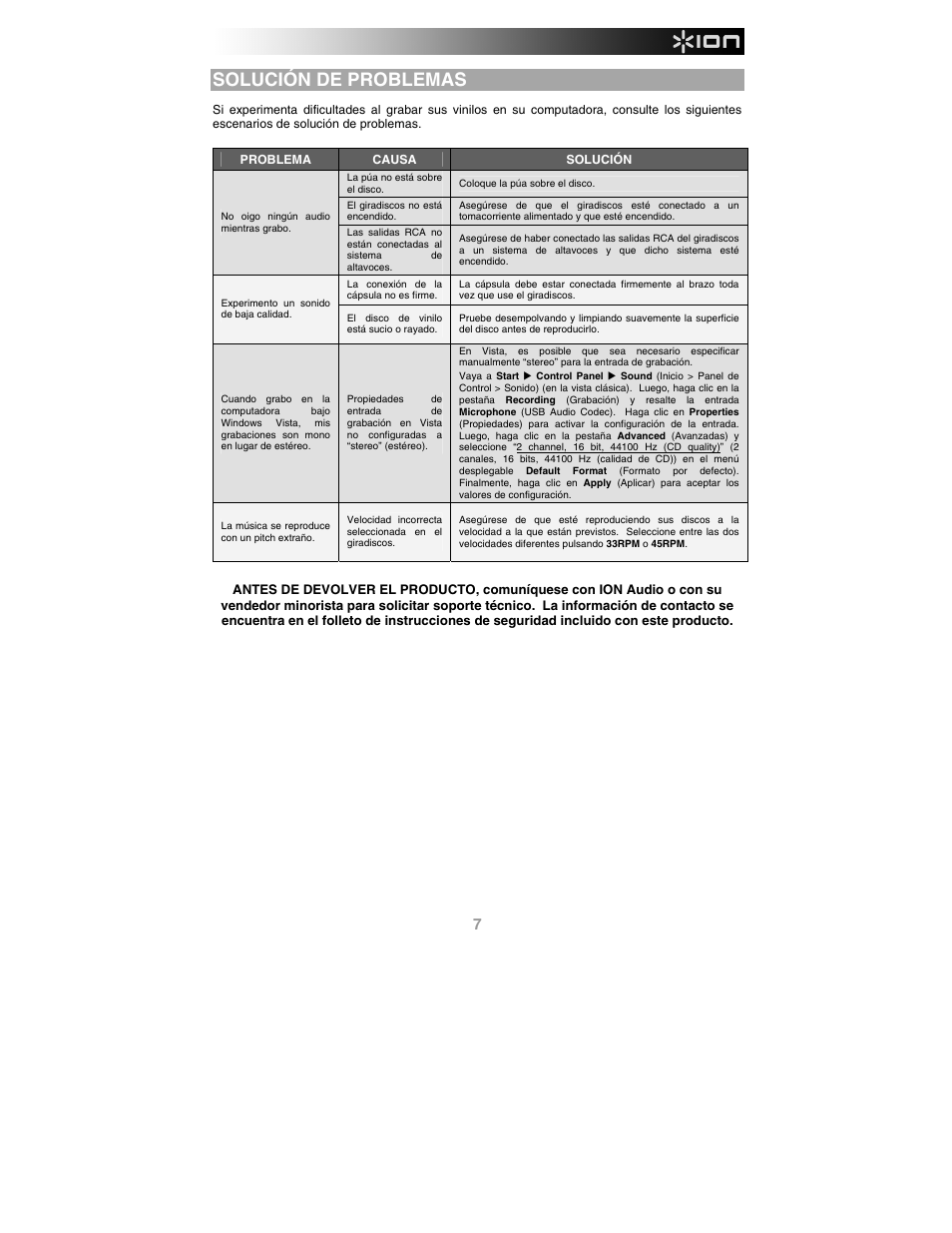 Solución de problemas | ION Audio Profile LP User Manual | Page 7 / 20