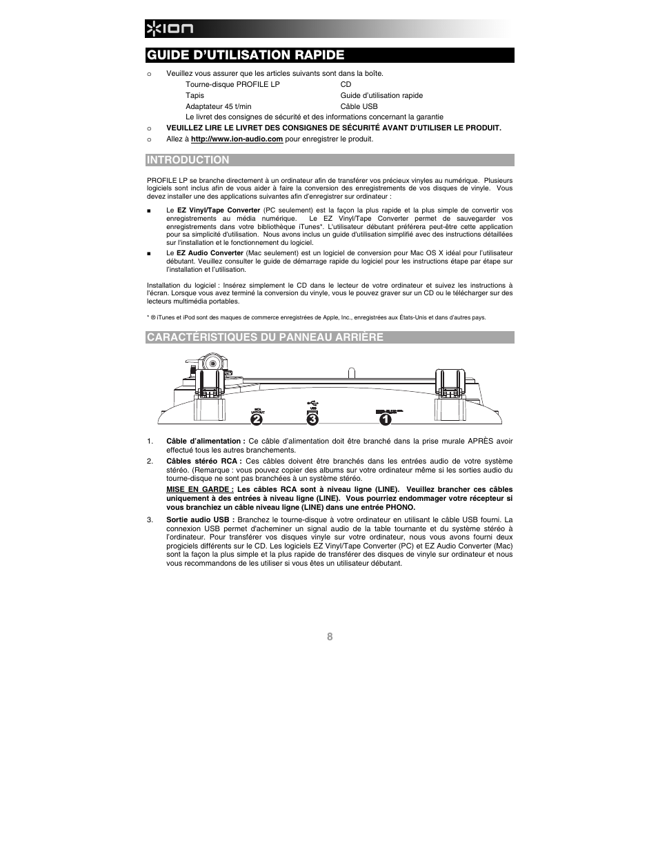 Français, Introduction, Caractéristiques du panneau arrière | Guide d’utilisation rapide | ION Audio Profile LP User Manual | Page 8 / 20