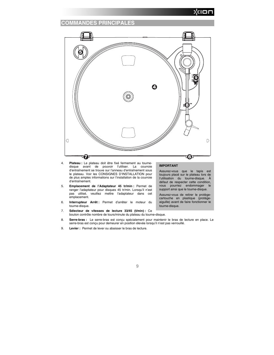 Commandes principales | ION Audio Profile LP User Manual | Page 9 / 20