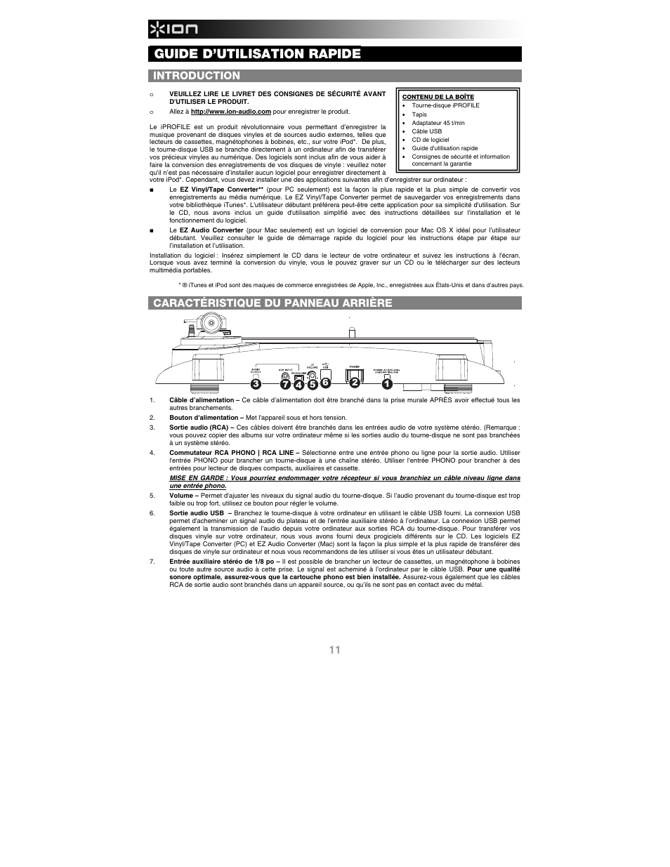 Français, Introduction, Contenu de la boîte | Caractéristique du panneau arrière, Guide d’utilisation rapide | ION Audio iProfile User Manual | Page 12 / 32