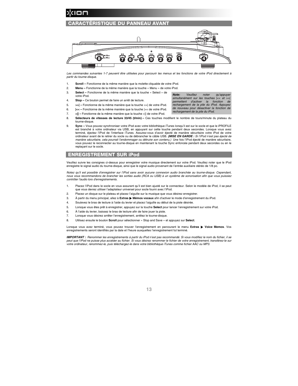 Caractéristique du panneau avant, Enregistrement sur ipod | ION Audio iProfile User Manual | Page 14 / 32