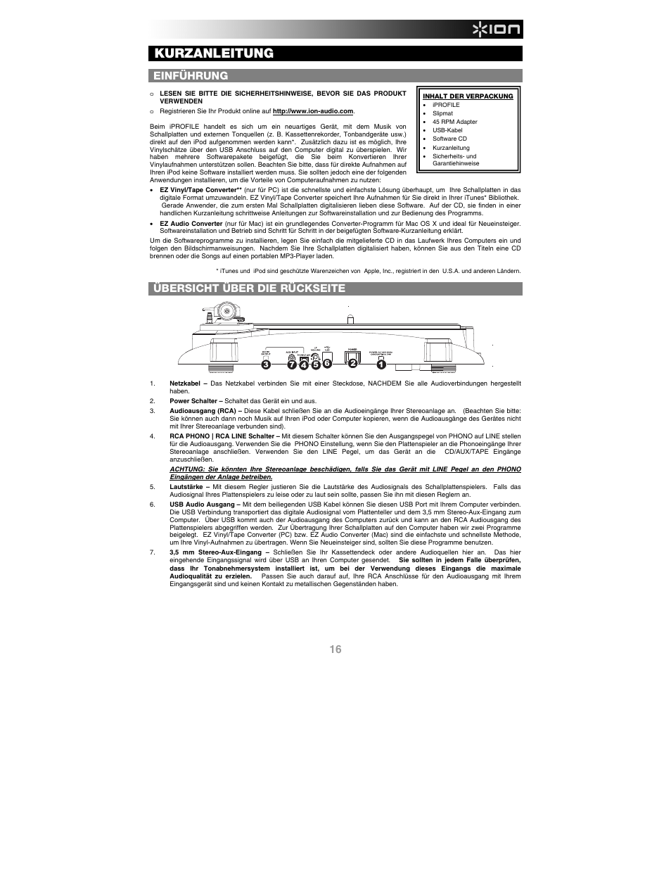 Deutsch, Einführung, Inhalt der verpackung | Übersicht über die rückseite, Kurzanleitung | ION Audio iProfile User Manual | Page 17 / 32