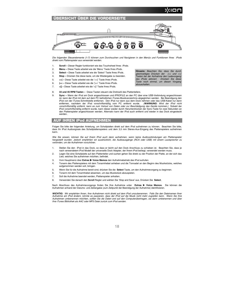 Übersicht über die vorderseite, Auf ihren ipod aufnehmen | ION Audio iProfile User Manual | Page 19 / 32