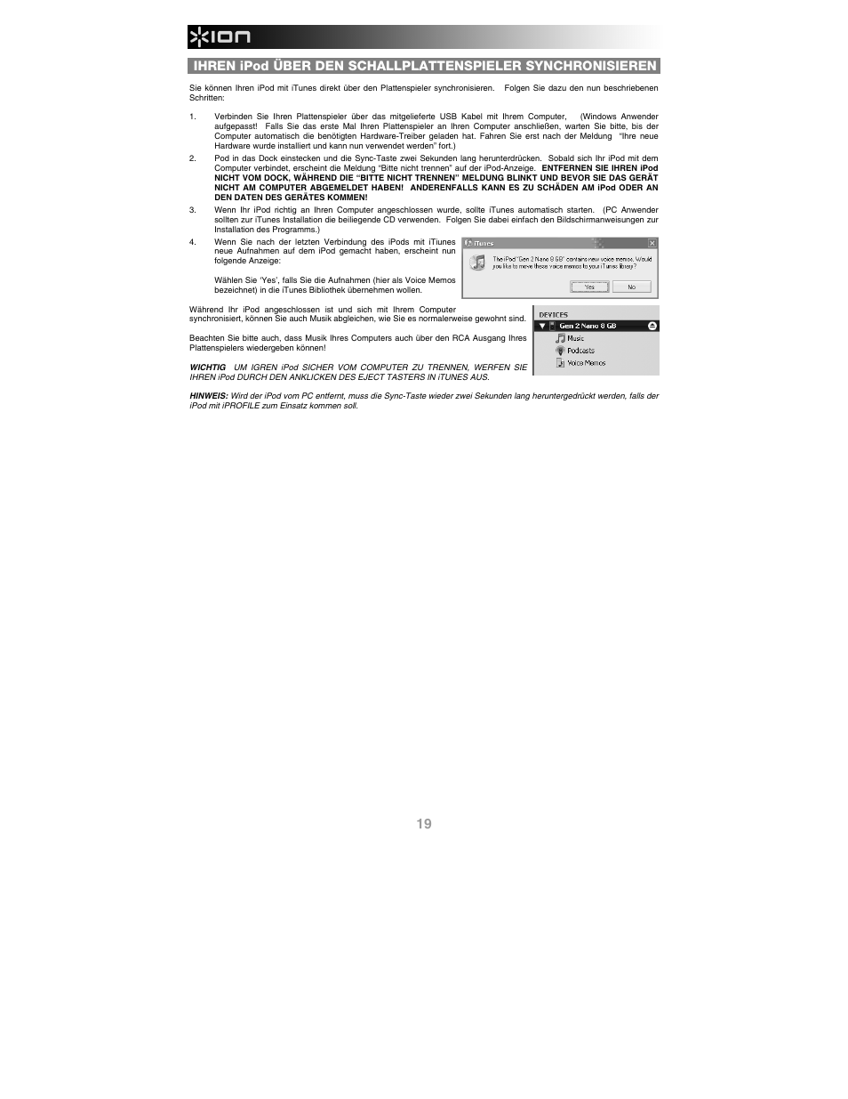 Ihren ipod über den schallplattenspieler synch | ION Audio iProfile User Manual | Page 20 / 32