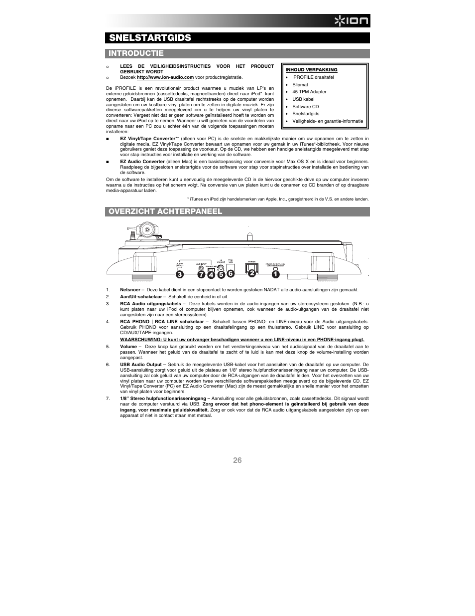 Nederlands, Introductie, Inhoud verpakking | Overzicht achterpaneel, Snelstartgids | ION Audio iProfile User Manual | Page 27 / 32