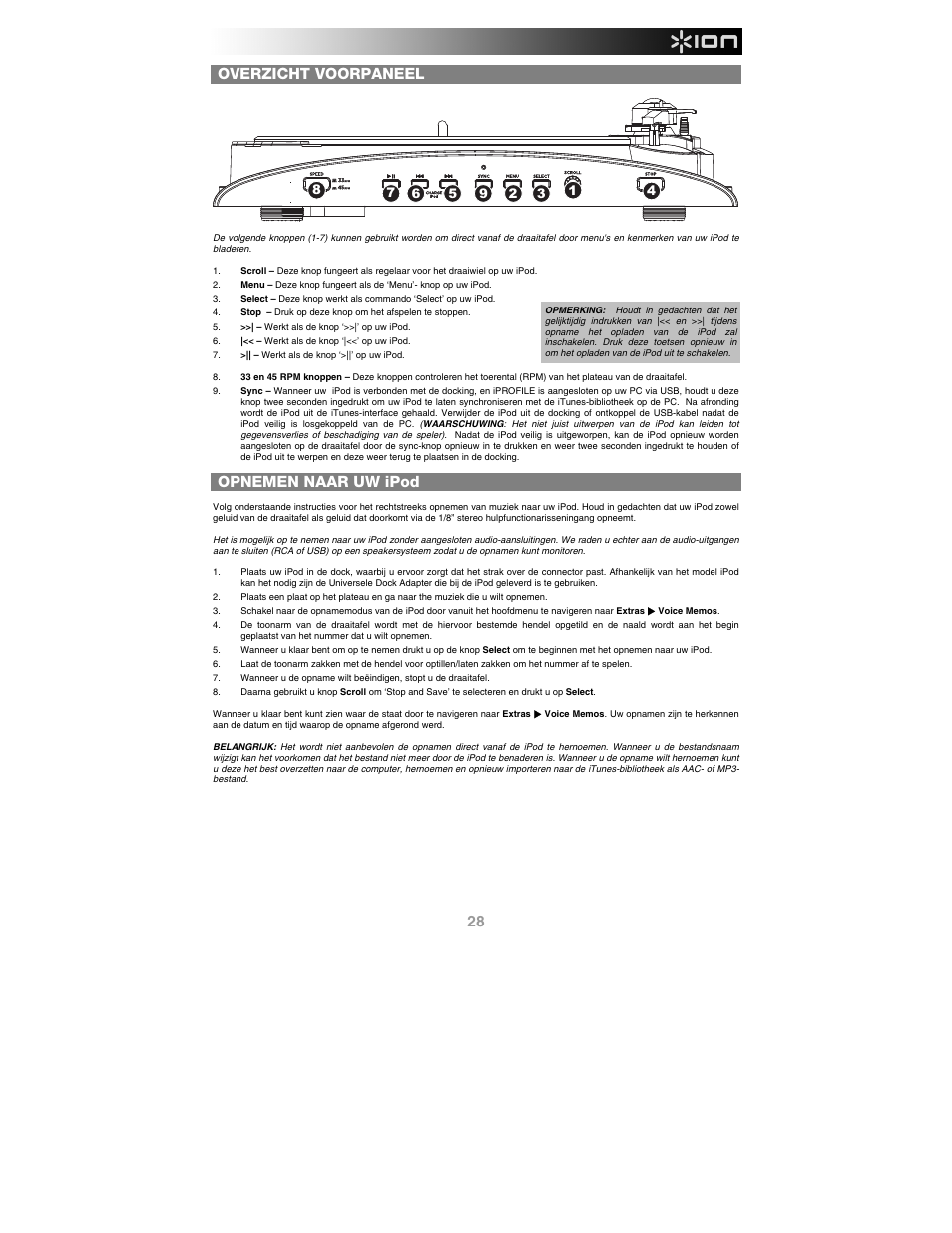 Overzicht voorpaneel, Opnemen naar uw ipod | ION Audio iProfile User Manual | Page 29 / 32