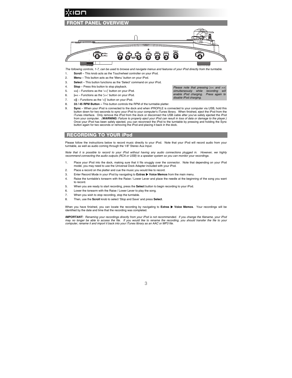 Front panel overview, Recording to your ipod | ION Audio iProfile User Manual | Page 4 / 32