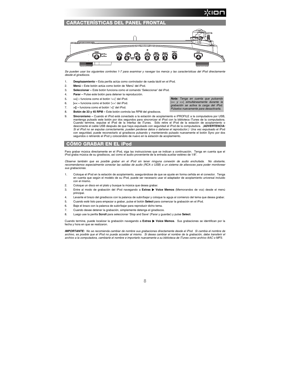 Características del panel frontal, Cómo grabar en el ipod | ION Audio iProfile User Manual | Page 9 / 32