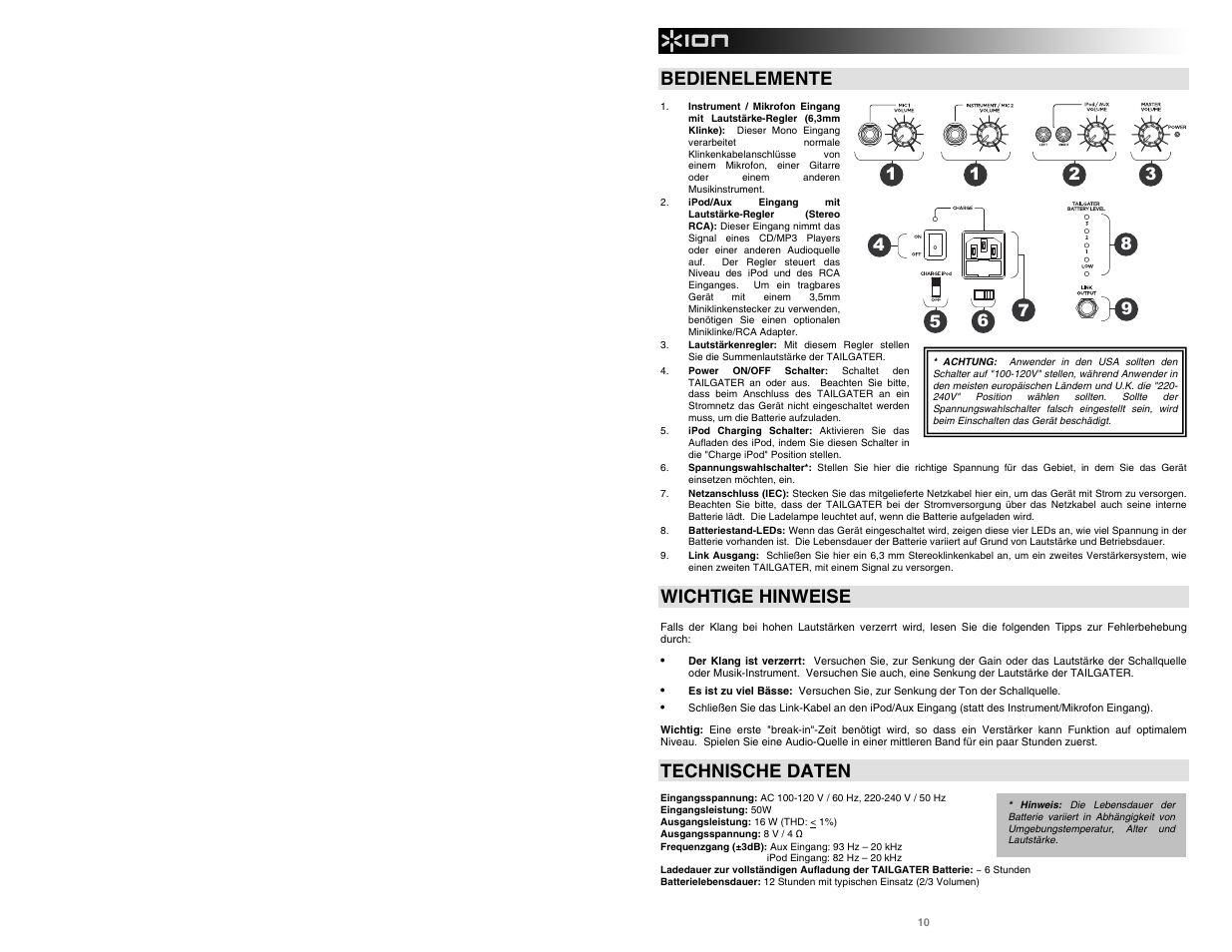 Bedienelemente, Wichtige hinweise, Technische daten | ION Tailgater User Manual | Page 12 / 20