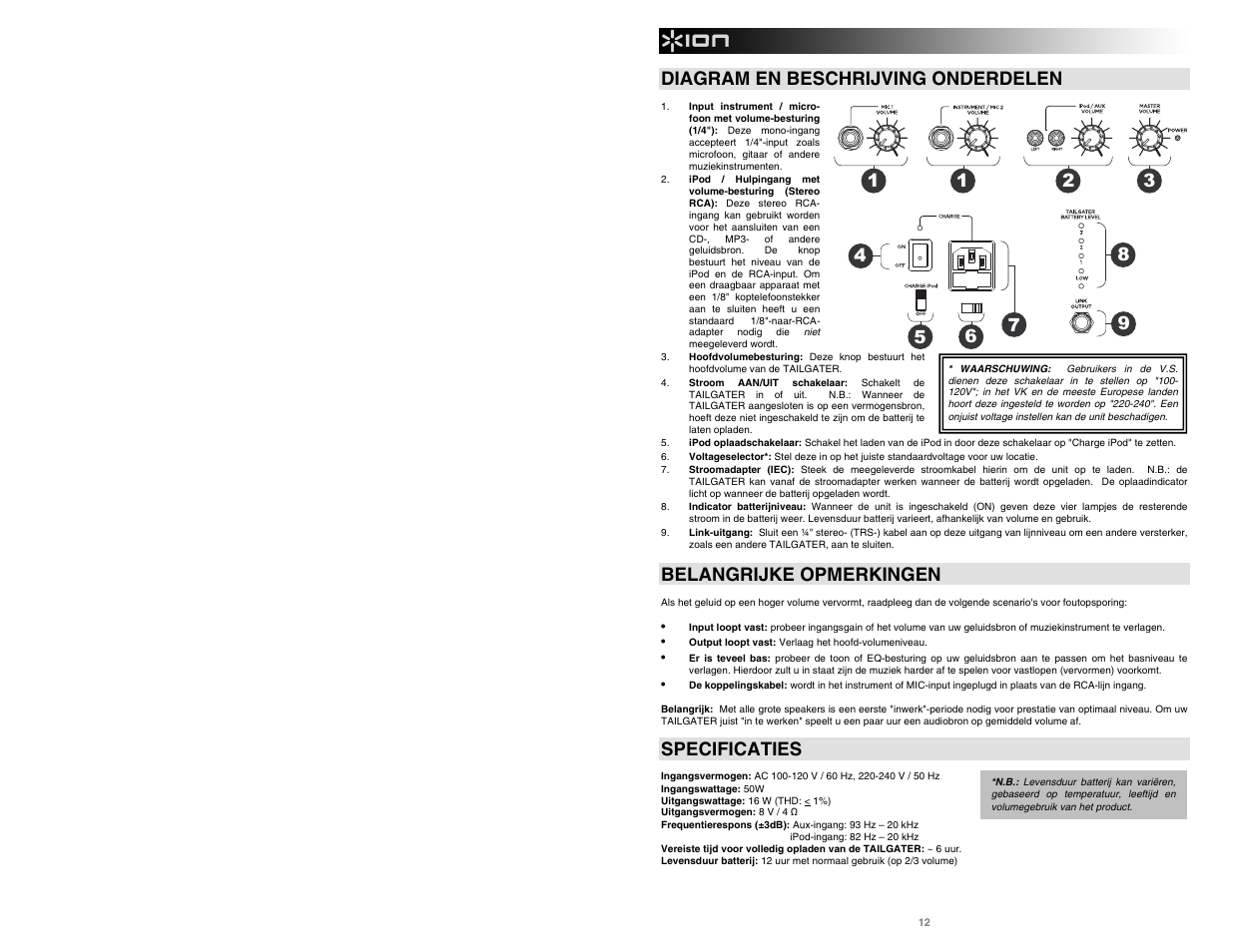 Diagram en beschrijving onderdelen, Belangrijke opmerkingen, Specificaties | ION Tailgater User Manual | Page 14 / 20