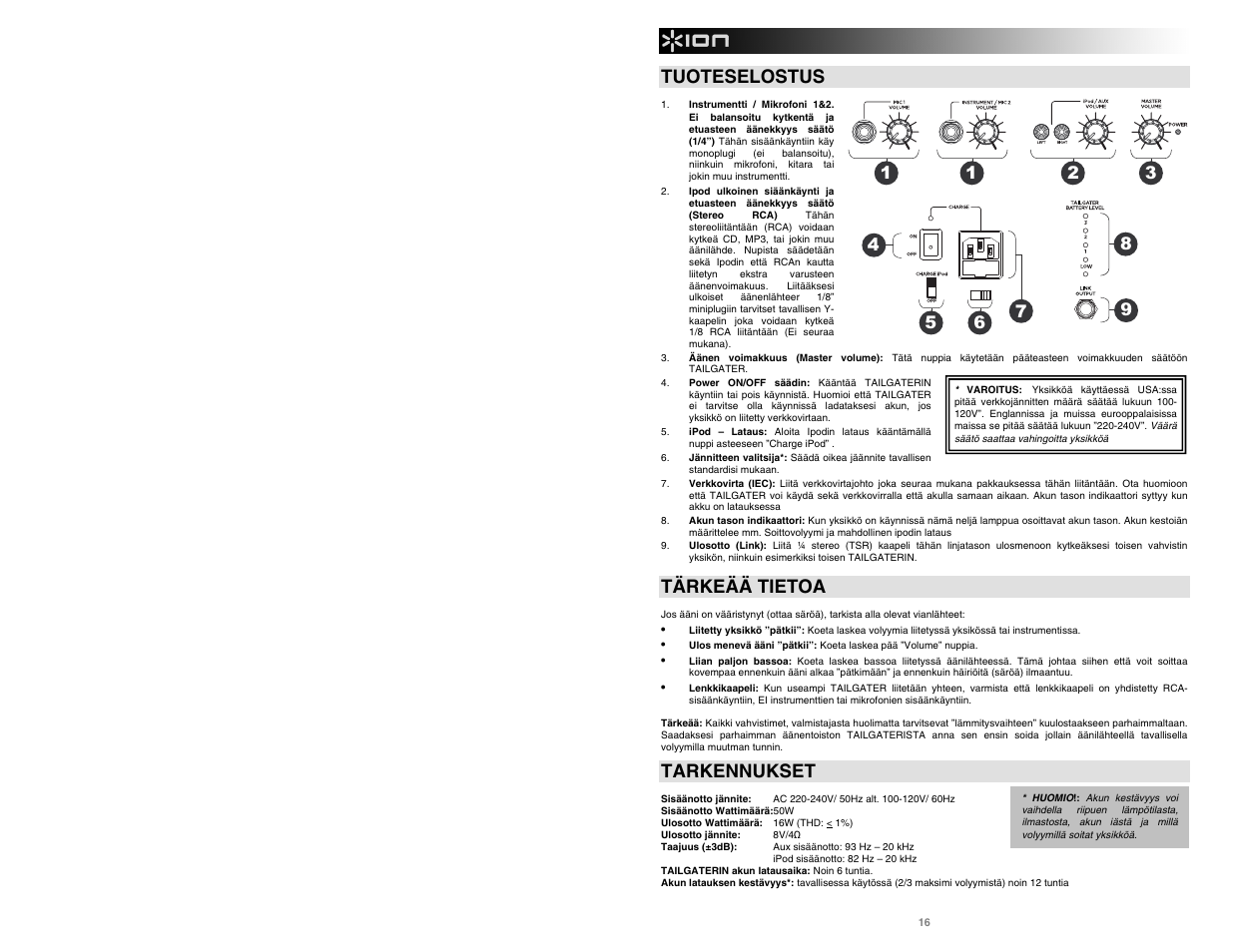 Tuoteselostus, Tärkeää tietoa, Tarkennukset | ION Tailgater User Manual | Page 18 / 20