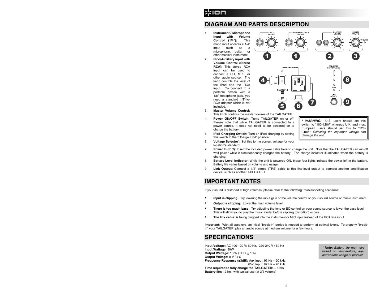 Diagram and parts description, Specifications | ION Tailgater User Manual | Page 4 / 20