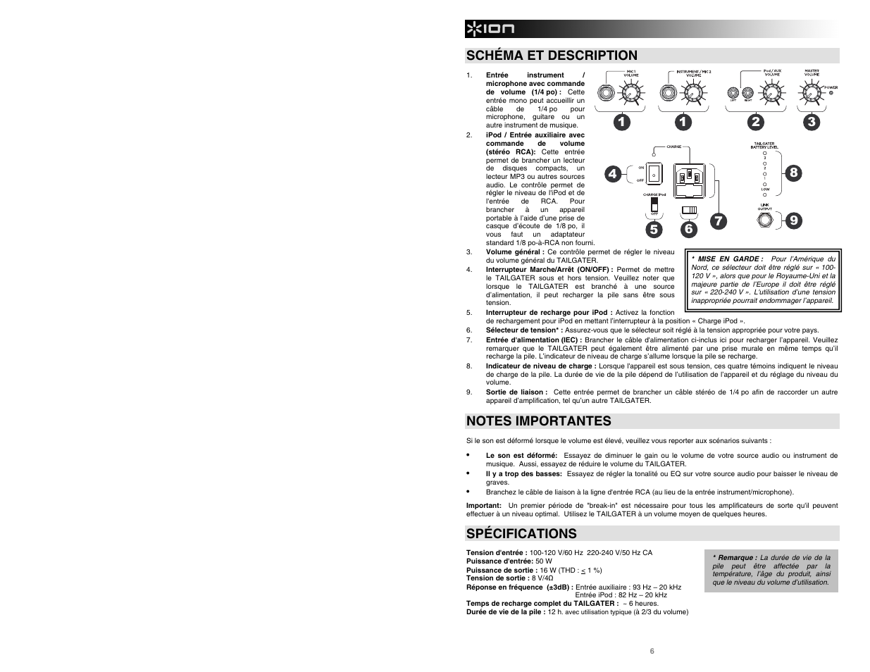 Schéma et description, Spécifications | ION Tailgater User Manual | Page 8 / 20