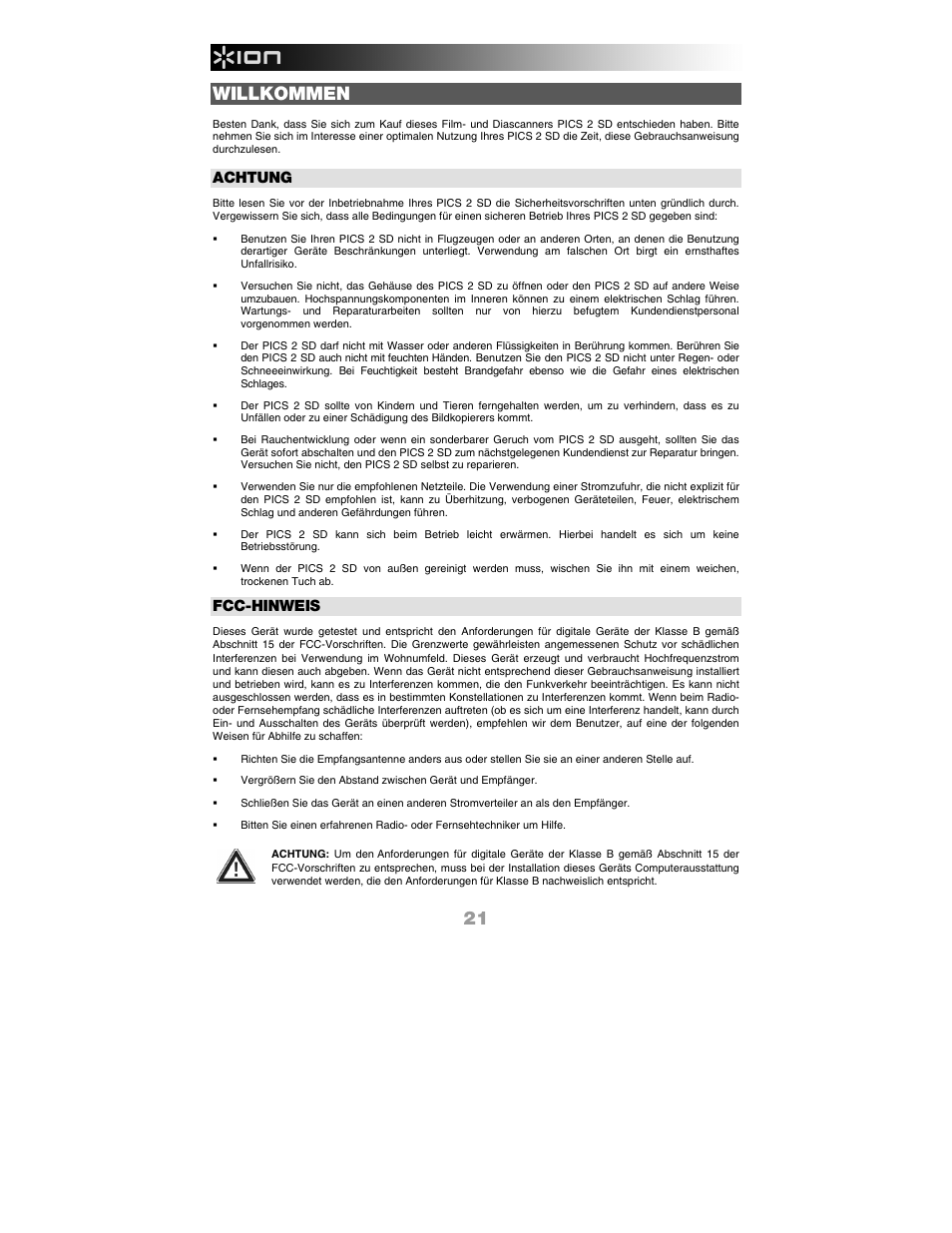 Willkommen, Achtung, Fcc-hinweis | ION PICS 2 SD User Manual | Page 22 / 32