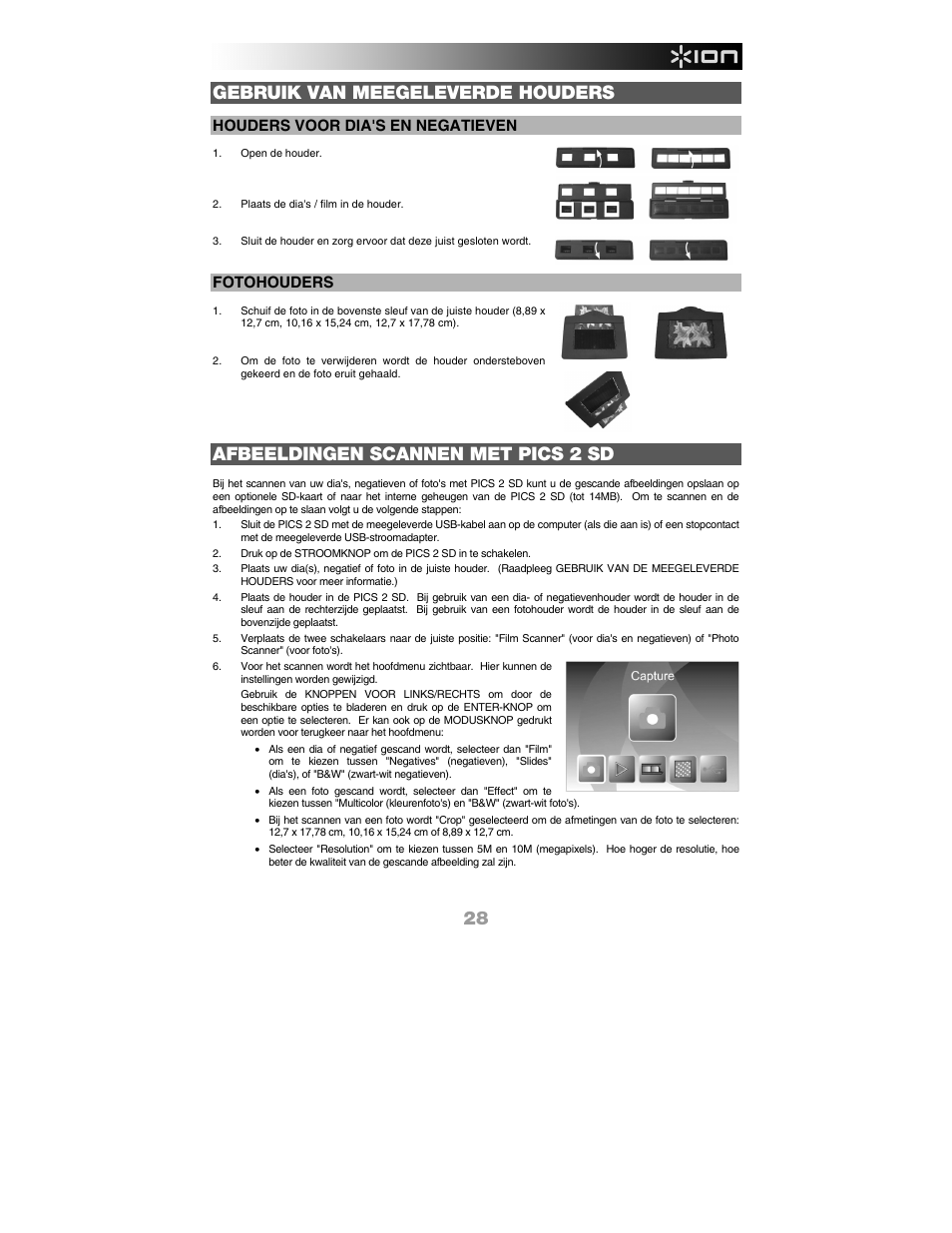 Gebruik van meegeleverde houders, Afbeeldingen scannen met pics 2 sd, Houders voor dia's en negatieven | Fotohouders | ION PICS 2 SD User Manual | Page 29 / 32