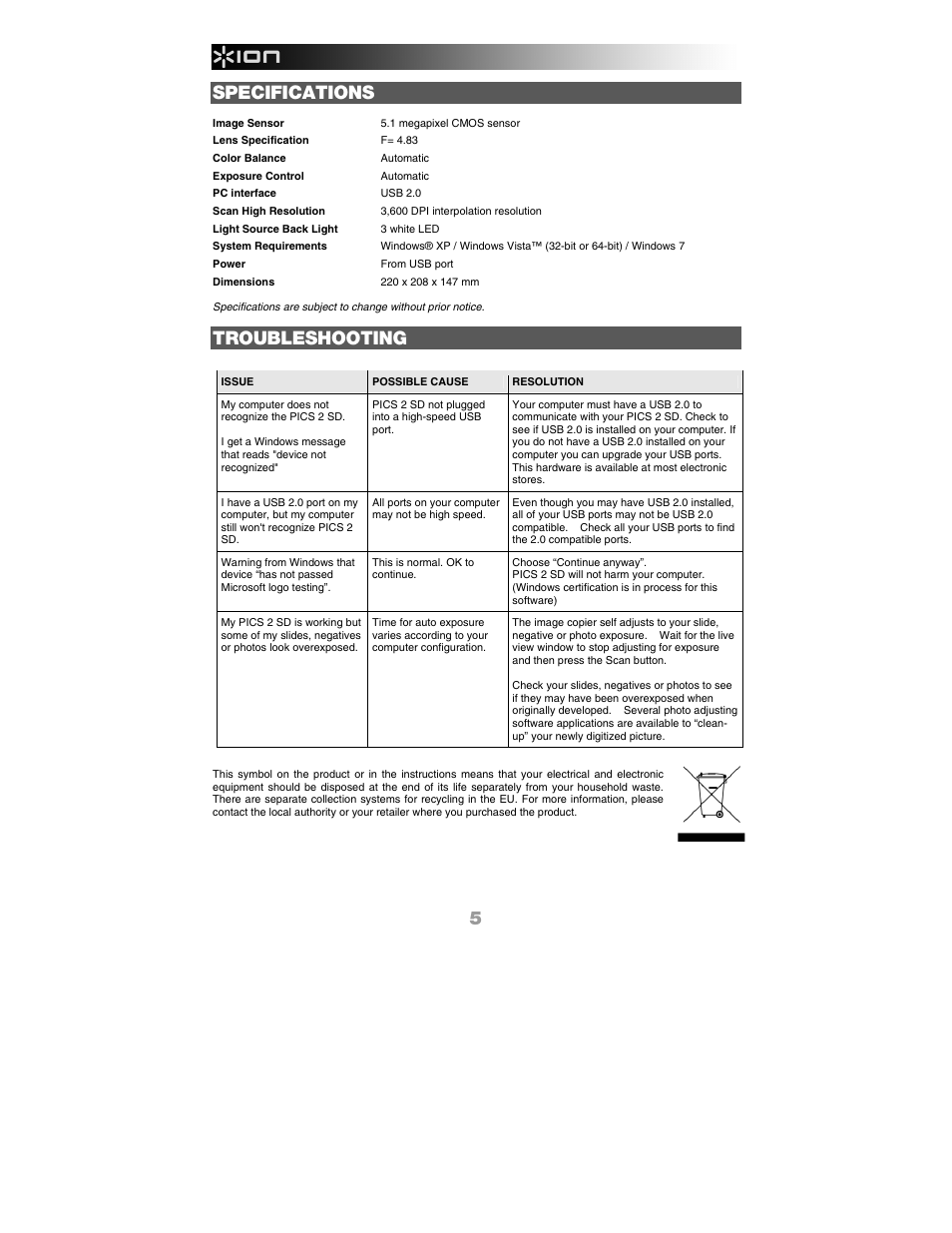 Specifications, Troubleshooting | ION PICS 2 SD User Manual | Page 6 / 32