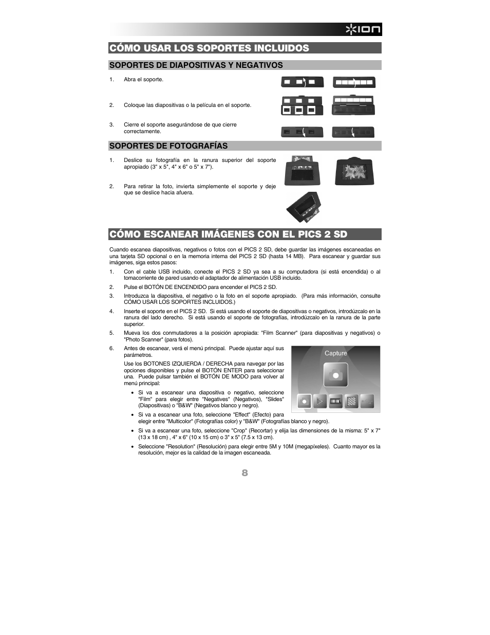 Cómo usar los soportes incluidos, Cómo escanear imágenes con el pics 2 sd | ION PICS 2 SD User Manual | Page 9 / 32