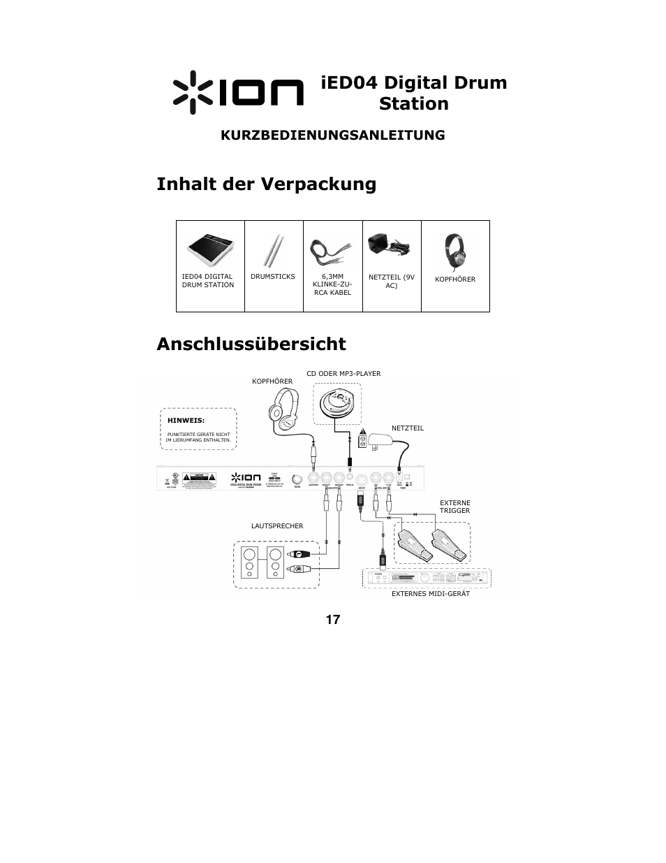 Ied04 digital drum station, Inhalt der verpackung, Anschlussübersicht | Kurzbedienungsanleitung | ION IED04 User Manual | Page 19 / 24