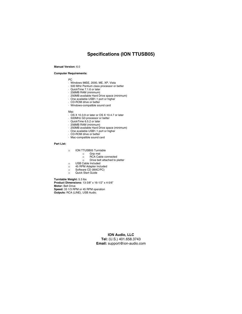 Specifications (ion ttusb05) | ION TTUSB05 User Manual | Page 12 / 12