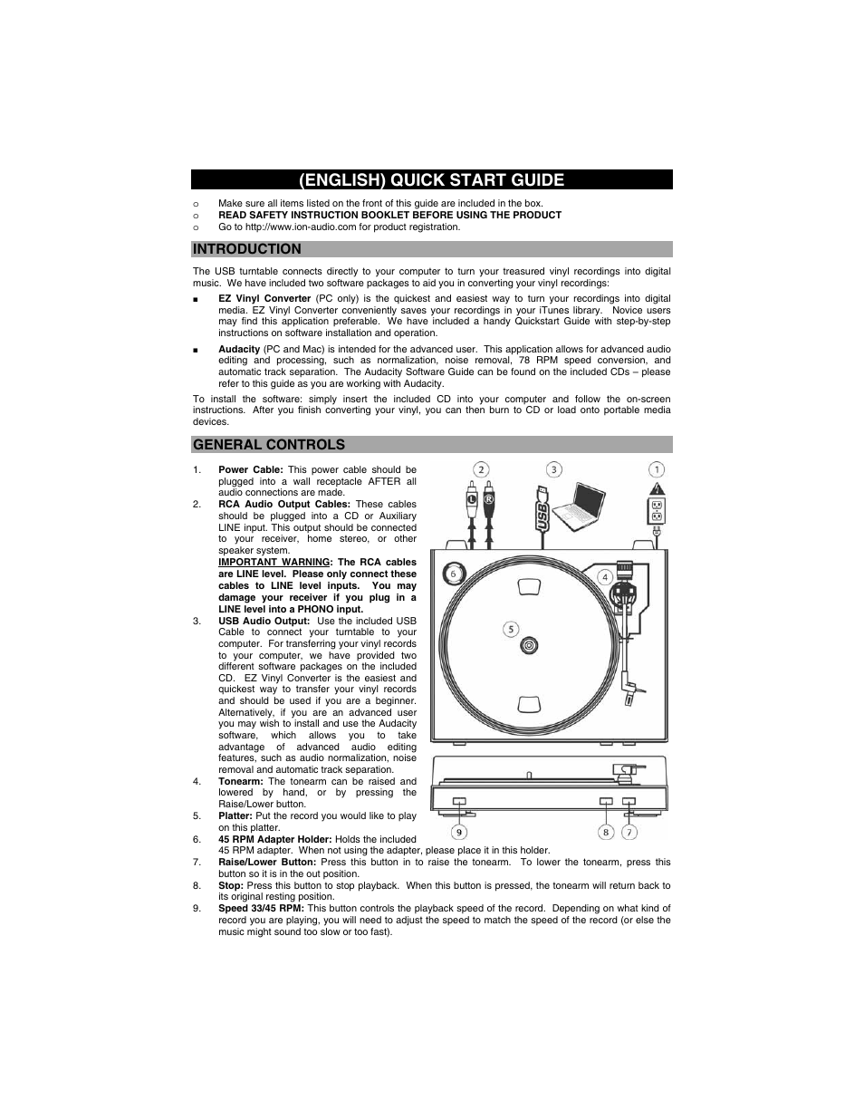 English) quick start guide, Introduction, General controls | ION TTUSB05 User Manual | Page 2 / 12