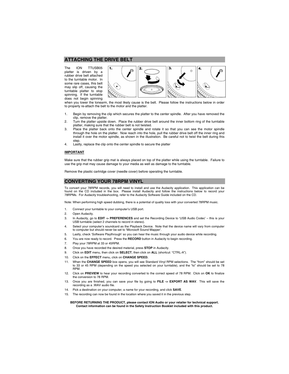 Attaching the drive belt, Converting your 78rpm vinyl | ION TTUSB05 User Manual | Page 3 / 12