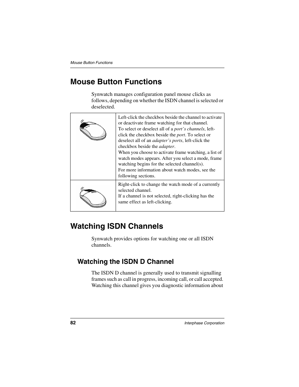 Mouse button functions, Watching isdn channels, Watching the isdn d channel | Interphase Tech iSPAN 5535 PRI User Manual | Page 102 / 168