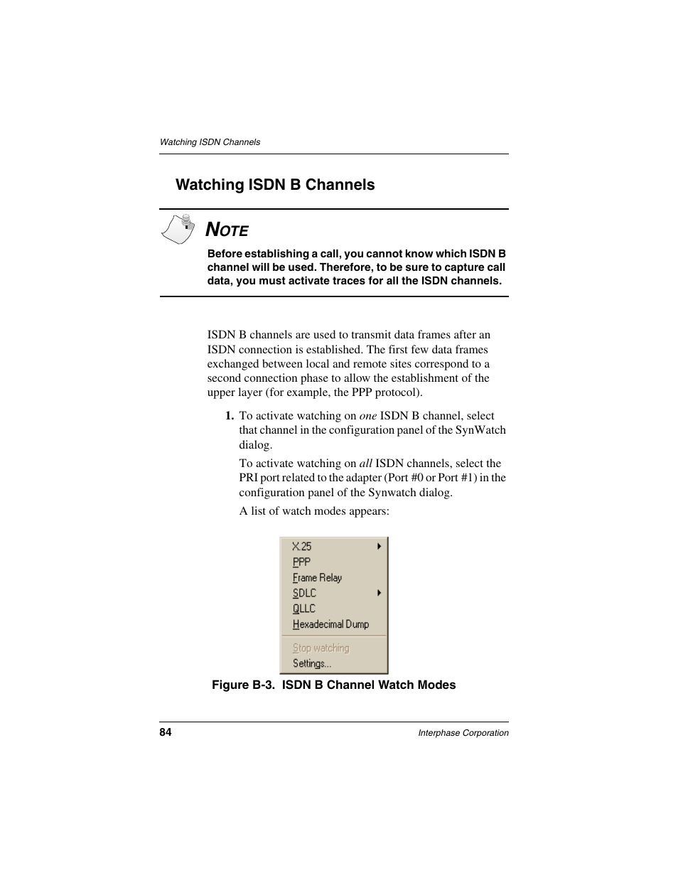 Watching isdn b channels | Interphase Tech iSPAN 5535 PRI User Manual | Page 104 / 168