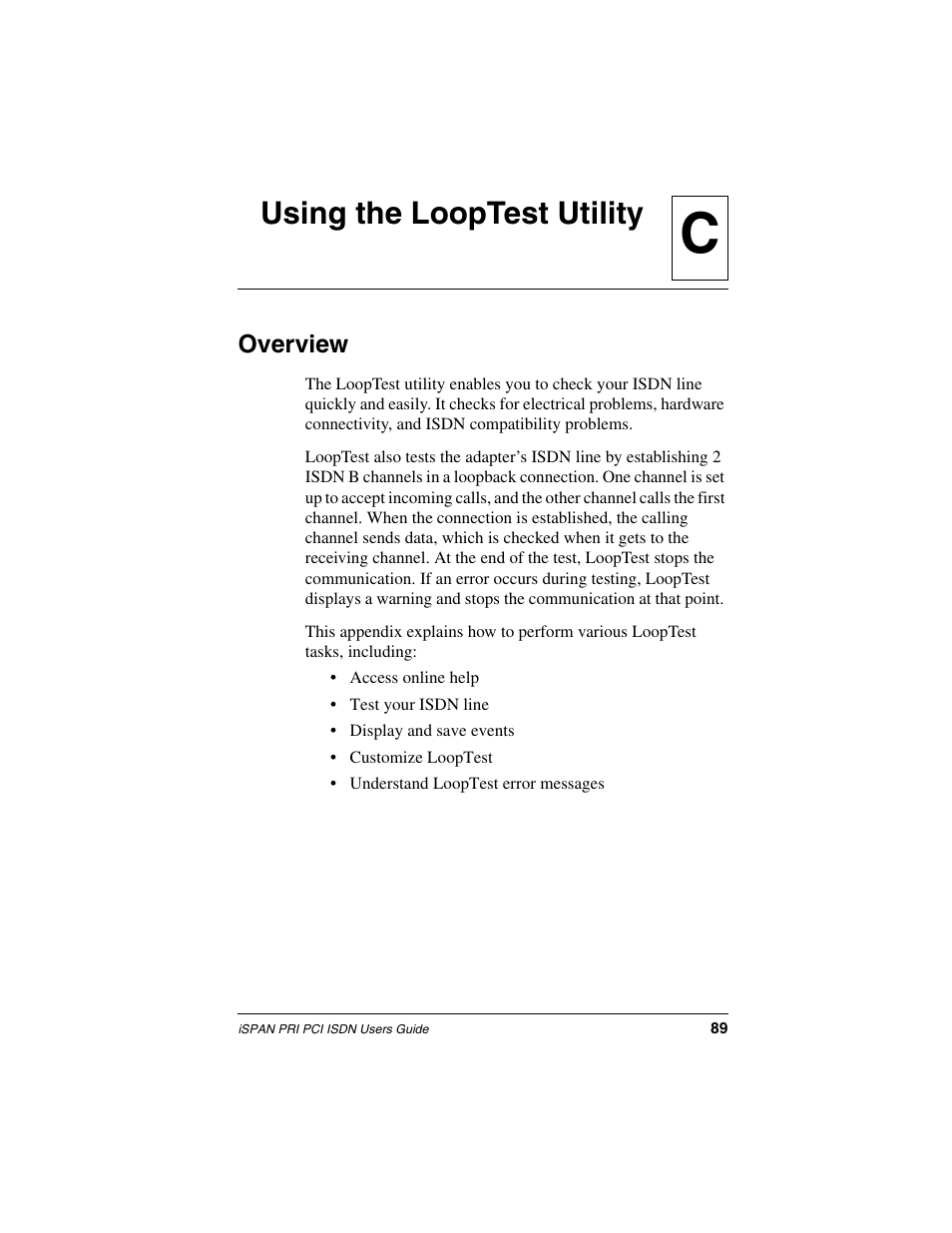 Using the looptest utility, Overview, Cusing the looptest utility | Interphase Tech iSPAN 5535 PRI User Manual | Page 109 / 168